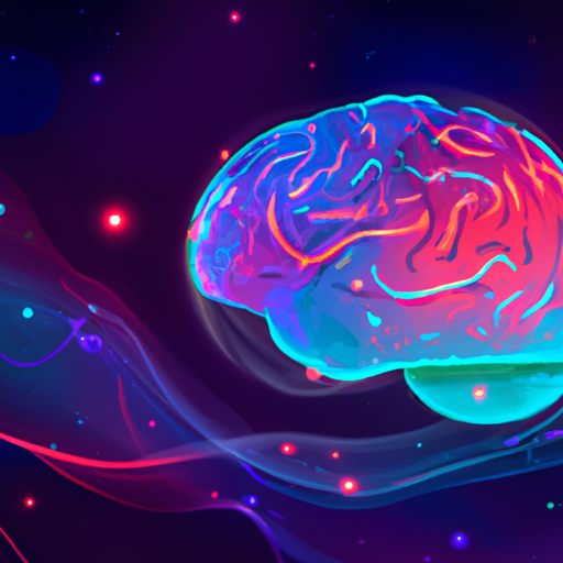 Create an abstract illustration of a brain with waves emanating from it, one of which is highlighted in a different color to represent the stage of REM sleep. Surround the brain with stars and symbols of dreaming